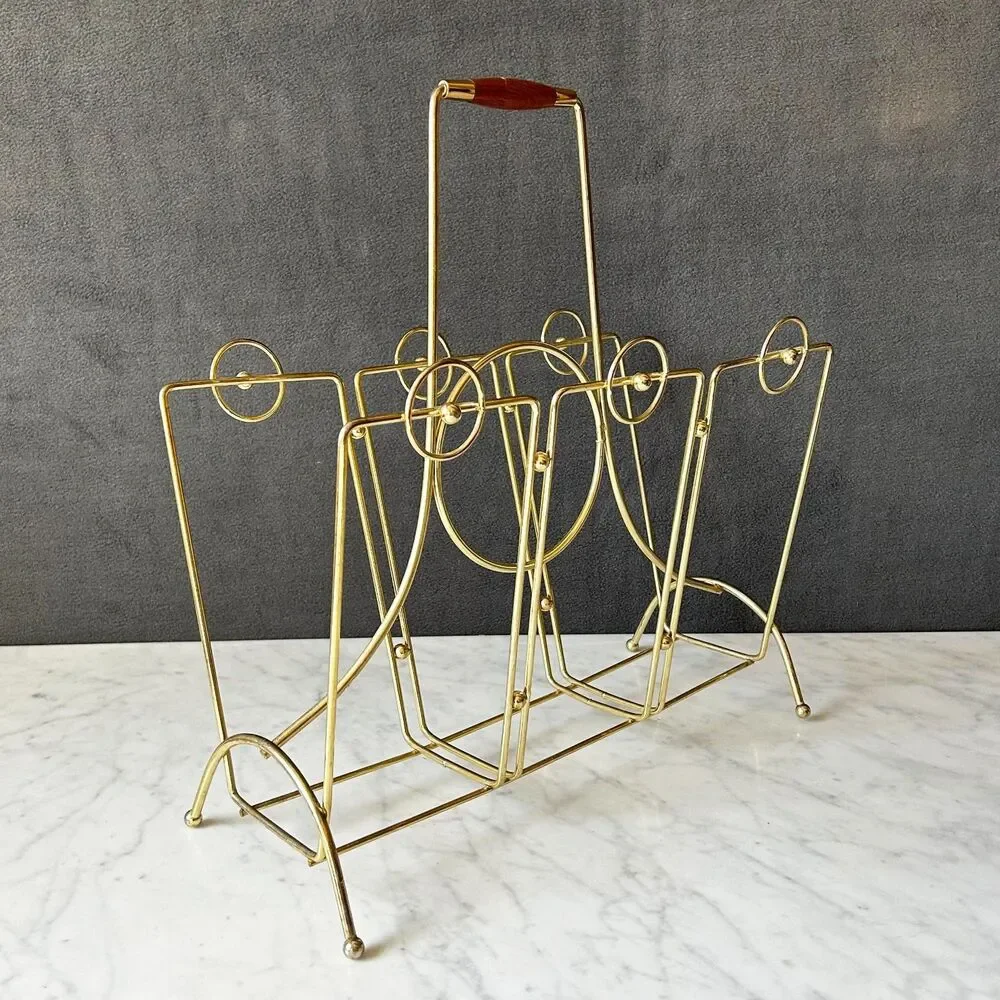 Mid Century Modern Brass Magazine Rack Wood Handle Atomic Geometric Vintage